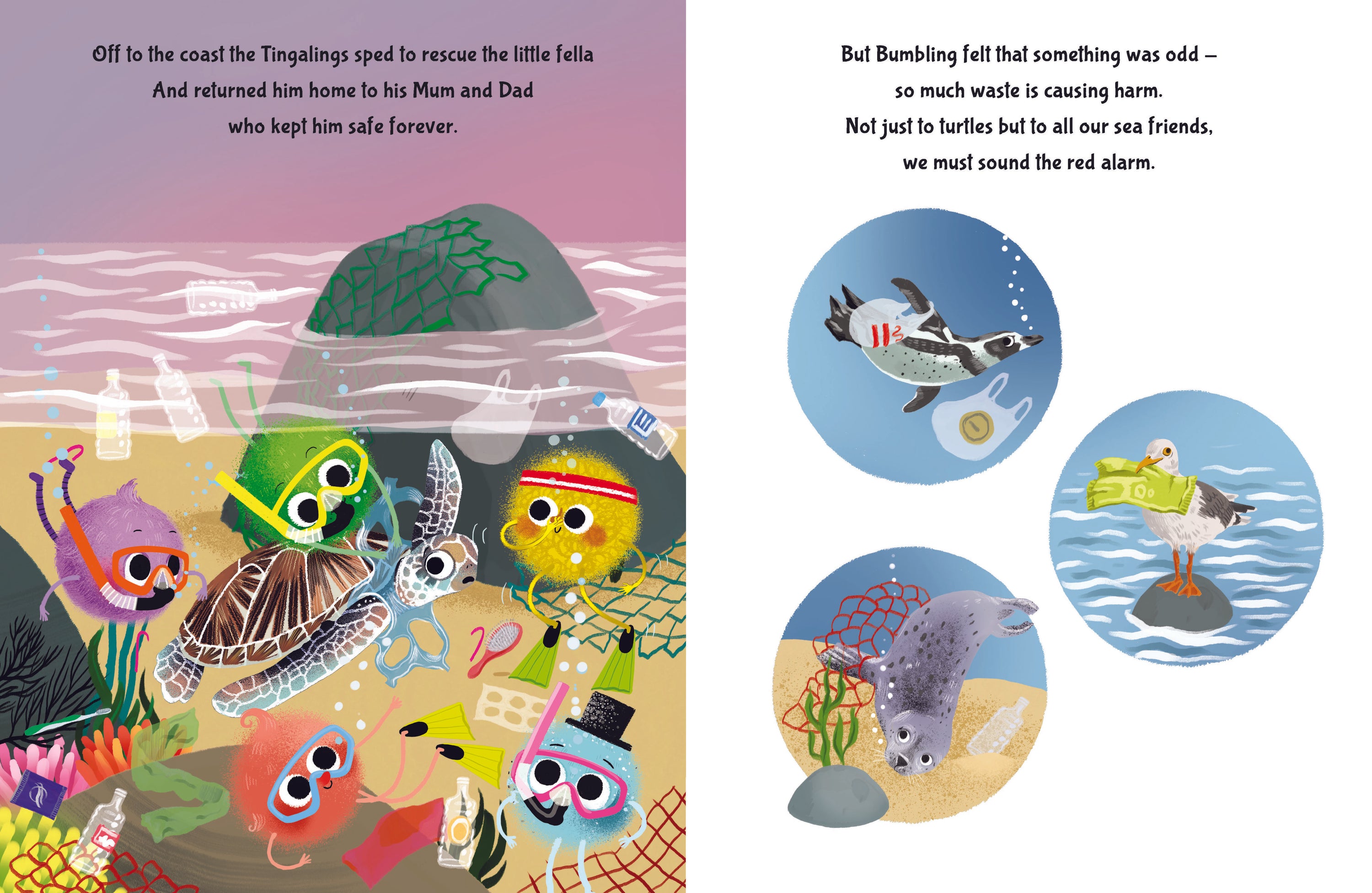 Cover of 'Smartling Saves A Sea Turtle', featuring colorful illustrations of sea turtles and the Tingalings characters in an ocean setting.